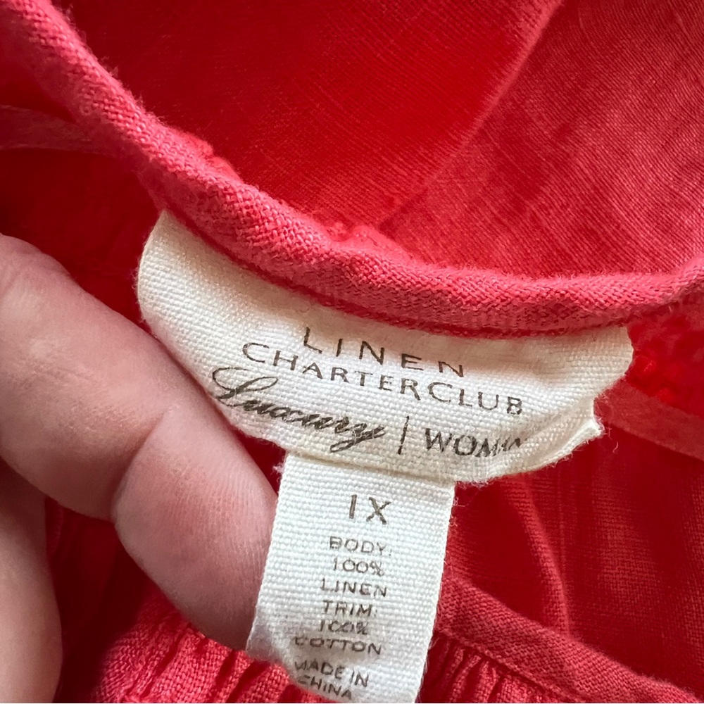 Linen Charter Club Luxury Coral Embroidered Sleeve Hem Neck Smocked Top - Picture 5 of 6